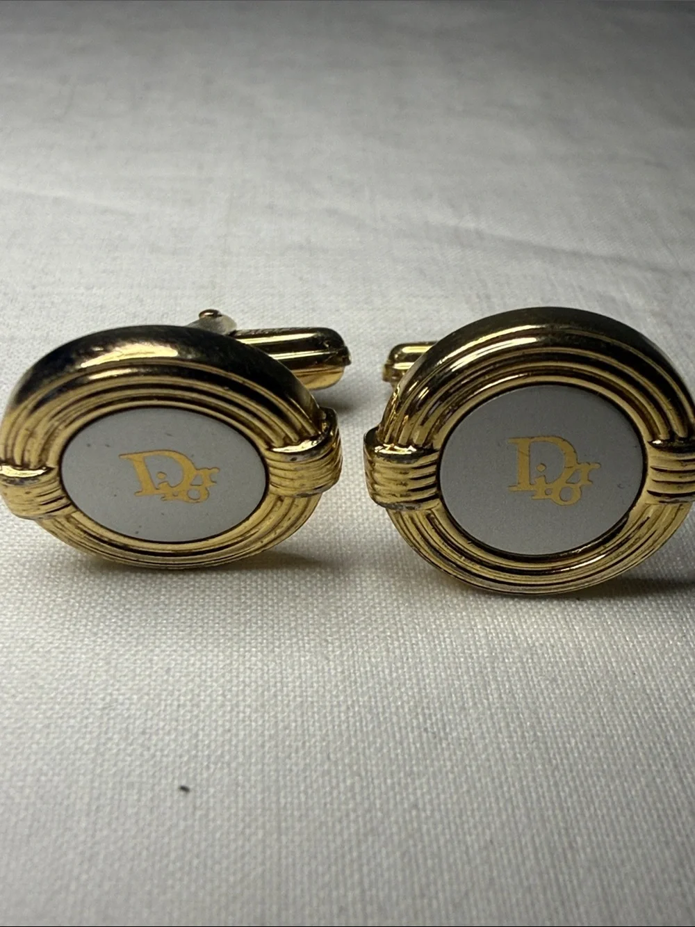 Vintage Christian Dior Gold & Silver Tone Logo Oval Cufflinks